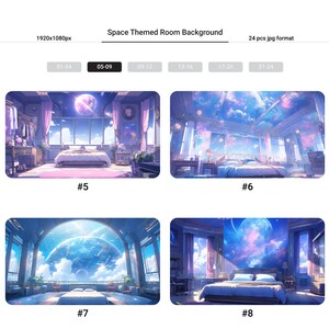 Puede incluir: Cuatro ilustraciones digitales de un dormitorio con una gran ventana que da a una escena espacial. El dormitorio tiene una cama, una mesita de noche y una c&oacute;moda. La escena espacial incluye planetas, estrellas y nubes. Las ilustraciones est&aacute;n numeradas del 5 al 8.