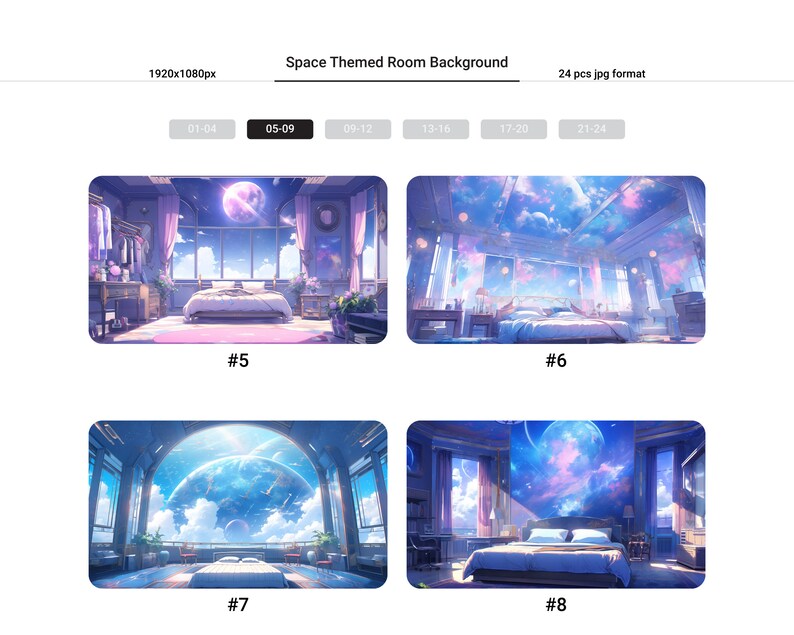 Puede incluir: Cuatro ilustraciones digitales de un dormitorio con una gran ventana que da a una escena espacial. El dormitorio tiene una cama, una mesita de noche y una c&oacute;moda. La escena espacial incluye planetas, estrellas y nubes. Las ilustraciones est&aacute;n numeradas del 5 al 8.