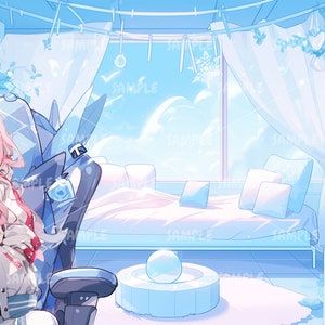 Peut inclure: Une jeune femme aux cheveux roses est assise dans un fauteuil de jeu bleu dans une chambre &agrave; coucher bleu clair et blanc. La pi&egrave;ce comprend un lit avec une literie blanche et des oreillers bleus, une commode blanche avec des tiroirs et une fen&ecirc;tre avec vue sur un ciel nuageux. La pi&egrave;ce est d&eacute;cor&eacute;e de fleurs blanches et de papillons bleus.