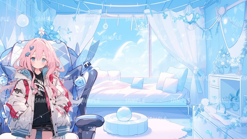 Peut inclure: Une jeune femme aux cheveux roses est assise dans un fauteuil de jeu bleu dans une chambre &agrave; coucher bleu clair et blanc. La pi&egrave;ce comprend un lit avec une literie blanche et des oreillers bleus, une commode blanche avec des tiroirs et une fen&ecirc;tre avec vue sur un ciel nuageux. La pi&egrave;ce est d&eacute;cor&eacute;e de fleurs blanches et de papillons bleus.