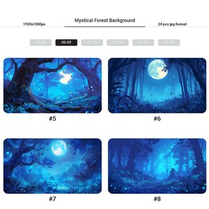 May include: A collection of four digital backgrounds featuring a mystical forest at night with a full moon, glowing fireflies, and tall trees. The backgrounds are in shades of blue and purple.