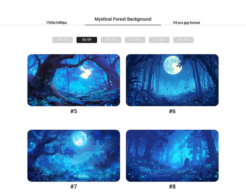 May include: A collection of four digital backgrounds featuring a mystical forest at night with a full moon, glowing fireflies, and tall trees. The backgrounds are in shades of blue and purple.