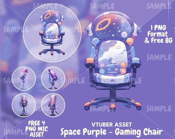 Silla de juego espacial PNG: recurso de VTuber con fondos y micrófonos adicionales