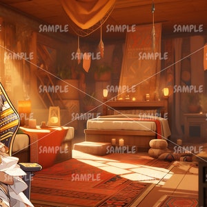 Może przedstawiać: Scena wnętrza z ciepłym oświetleniem, przedstawiająca postać w złotym i białym stroju siedzącą na krześle w kształcie tronu. Pok&oacute;j obejmuje ł&oacute;żko, świece i elementy dekoracyjne, tworząc przytulną atmosferę. Obraz ma nałożony tekst "SAMPLE".