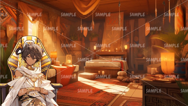Może przedstawiać: Scena wnętrza z ciepłym oświetleniem, przedstawiająca postać w złotym i białym stroju siedzącą na krześle w kształcie tronu. Pok&oacute;j obejmuje ł&oacute;żko, świece i elementy dekoracyjne, tworząc przytulną atmosferę. Obraz ma nałożony tekst "SAMPLE".