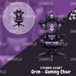 Può includere: Una sedia da gioco nera e viola con un teschio e ali sullo schienale. La sedia ha un sedile in pelle nera e una base in metallo nero. La sedia è davanti a uno sfondo viola e nero. 1 formato PNG e sfondo gratuito. VTUBER ASSET Grim - Gaming Chair
