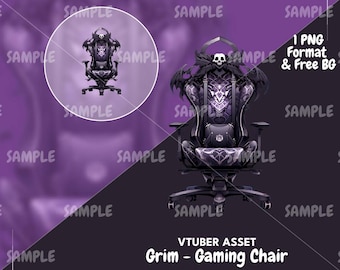 May include: A black and purple gaming chair with a skull and wings on the back. The chair has a black leather seat and a black metal base. The chair is in front of a purple and black background. 1 PNG Format & Free BG. VTUBER ASSET Grim - Gaming Chair