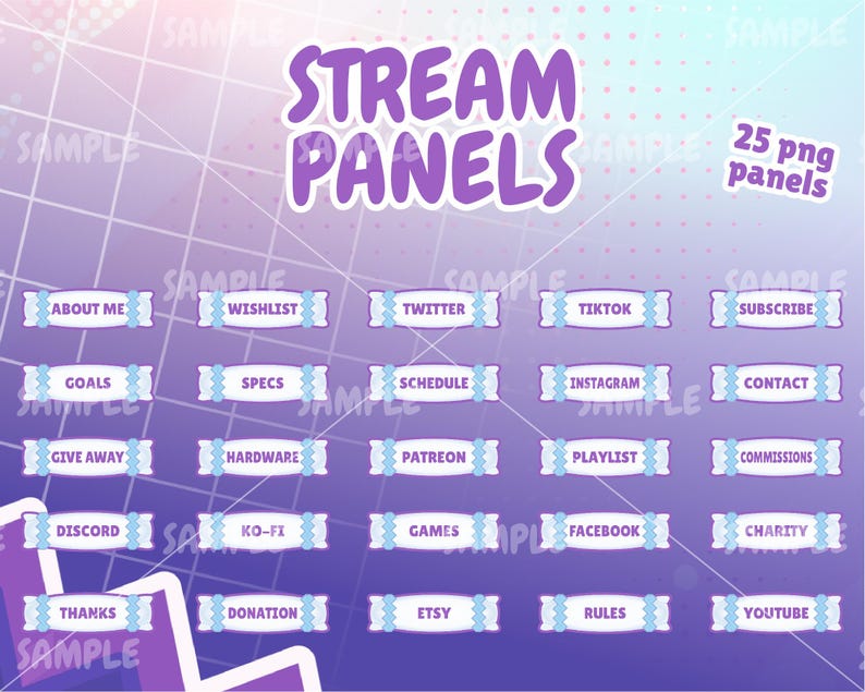 Pode incluir: Um conjunto de 25 pain&eacute;is de stream do Twitch roxos e azuis com texto branco. Os pain&eacute;is incluem t&iacute;tulos como "Sobre mim", "Lista de desejos", "Twitter", "TikTok", "Inscrever-se", "Metas", "Especifica&ccedil;&otilde;es", "Cronograma", "Instagram", "Contato", "Dar de presente", "Hardware", "Patreon", "Playlist", "Comiss&otilde;es", "Discord", "Ko-Fi", "Jogos", "Facebook", "Caridade", "Obrigado", "Doa&ccedil;&atilde;o", "Etsy", "Regras" e "YouTube".