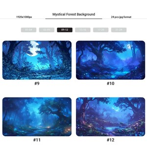 May include: A digital illustration of a mystical forest at night with a full moon, glowing trees, and a stream running through the center. The forest is dark blue with hints of purple and green.