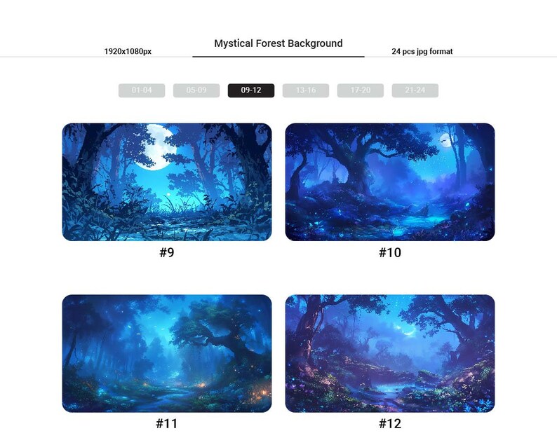 May include: A digital illustration of a mystical forest at night with a full moon, glowing trees, and a stream running through the center. The forest is dark blue with hints of purple and green.