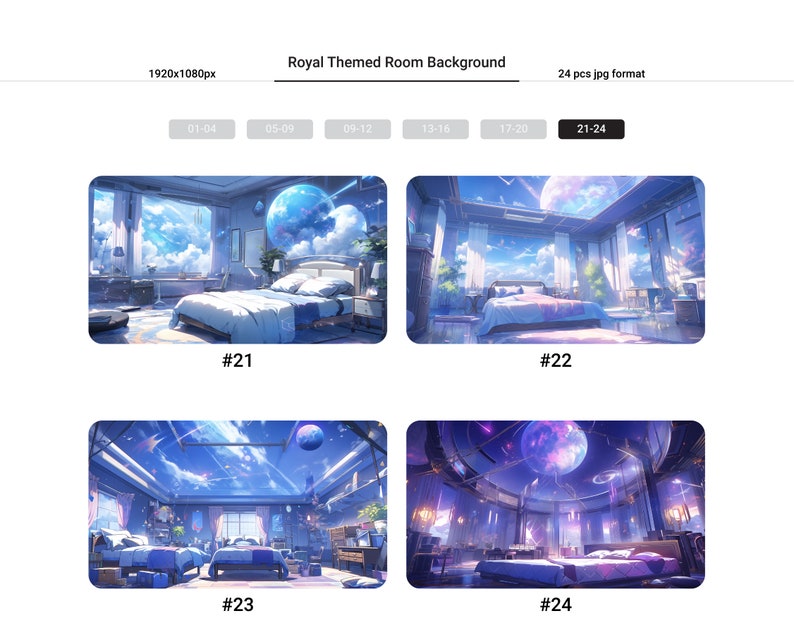 Puede incluir: Cuatro ilustraciones digitales de un dormitorio con tem&aacute;tica real. El dormitorio tiene una gran ventana con vistas a un cielo nublado y una gran luna. El dormitorio est&aacute; decorado con una cama grande, una mesita de noche y una l&aacute;mpara. El dormitorio tambi&eacute;n est&aacute; decorado con una gran l&aacute;mpara de ara&ntilde;a y una gran alfombra.