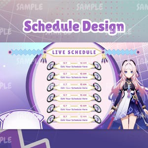 Pode incluir: Um modelo de agenda digital roxo e rosa com um personagem de desenho animado de uma menina com cabelo longo rosa usando uma roupa branca e azul. O modelo tem uma se&ccedil;&atilde;o para uma agenda ao vivo com hor&aacute;rios e texto que diz "Edit Your Schedule Here".
