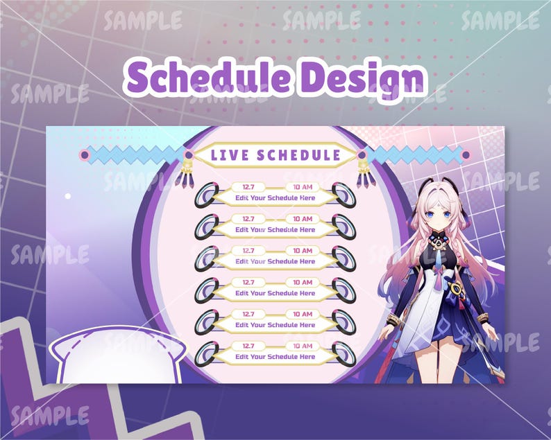 Pode incluir: Um modelo de agenda digital roxo e rosa com um personagem de desenho animado de uma menina com cabelo longo rosa usando uma roupa branca e azul. O modelo tem uma se&ccedil;&atilde;o para uma agenda ao vivo com hor&aacute;rios e texto que diz "Edit Your Schedule Here".