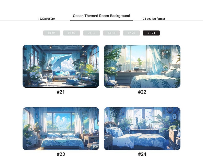 May include: Four digital illustrations of a bedroom with an ocean theme. Each illustration features a bed with blue and white bedding, a window with a view of the ocean, and tropical plants. The illustrations are in a cartoon style.