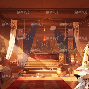 Pode incluir: Uma pessoa jovem com cabelo castanho senta-se em um trono dourado em um quarto com uma cama adornada e detalhes dourados. O quarto tem um brilho quente e laranja.