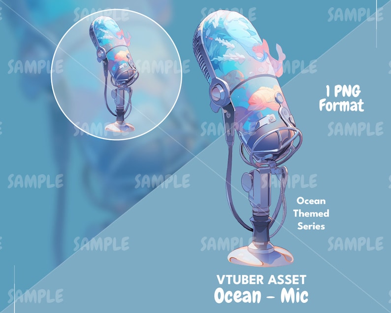 May include: A blue and white microphone with an ocean-themed design. The microphone is on a stand and has a round, metal mesh head. The design features waves, clouds, and a fish. The text "VTUBER ASSET Ocean - Mic" is at the bottom of the image.