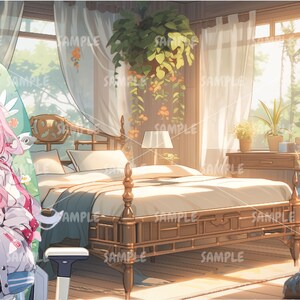 以下が含まれることがあります： ピンクの髪の若い女性が、花柄のゲーミングチェアに座っています。椅子は、大きなベッドと窓、植物のある寝室にあります。