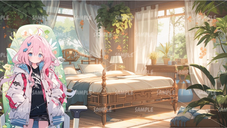 以下が含まれることがあります： ピンクの髪の若い女性が、花柄のゲーミングチェアに座っています。椅子は、大きなベッドと窓、植物のある寝室にあります。