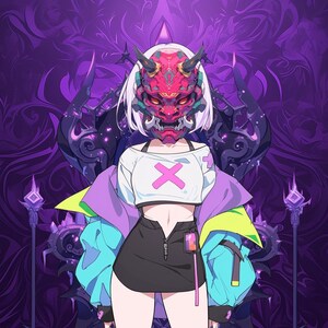 May include: A digital illustration of a person wearing a pink and white crop top with a large pink X, a black skirt, a blue and purple jacket, and a red and black oni mask. The background is a purple and black swirling pattern.