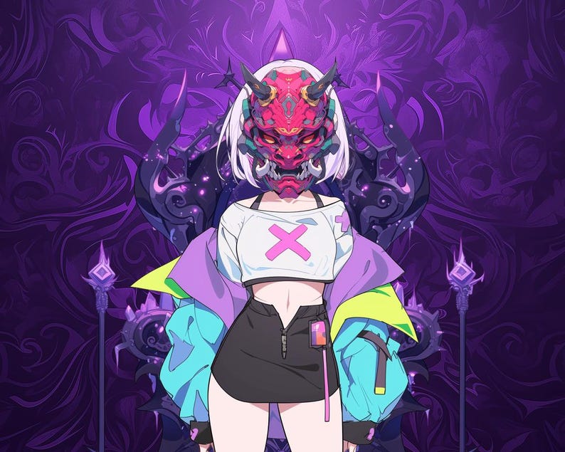May include: A digital illustration of a person wearing a pink and white crop top with a large pink X, a black skirt, a blue and purple jacket, and a red and black oni mask. The background is a purple and black swirling pattern.