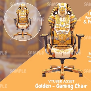 Może przedstawiać: Złoty fotel do gier w stylu egipskim, z misterne wzory hieroglif&oacute;w. Krzesło ma wysokie oparcie, podłokietniki i pięcioramienną podstawę. Widoczny jest tekst "VTUBER ASSET Golden - Gaming Chair".