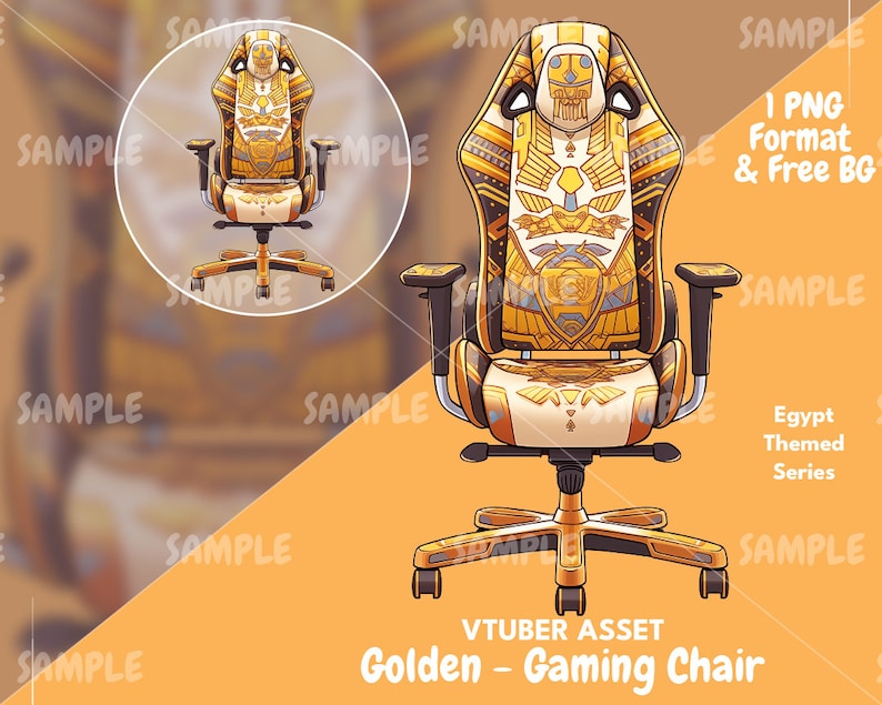 Może przedstawiać: Złoty fotel do gier w stylu egipskim, z misterne wzory hieroglif&oacute;w. Krzesło ma wysokie oparcie, podłokietniki i pięcioramienną podstawę. Widoczny jest tekst "VTUBER ASSET Golden - Gaming Chair".