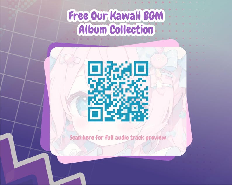 Pode incluir: Uma ilustra&ccedil;&atilde;o rosa e azul de um personagem de desenho animado com um c&oacute;digo QR azul e branco que diz "Scan here for full audio track preview" e o texto "Free Our Kawaii BGM Album Collection".