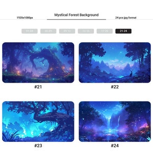May include: Four digital illustrations of a mystical forest at night. The images feature a large tree, a deer, a waterfall, and a river. The images are all in shades of blue and purple.