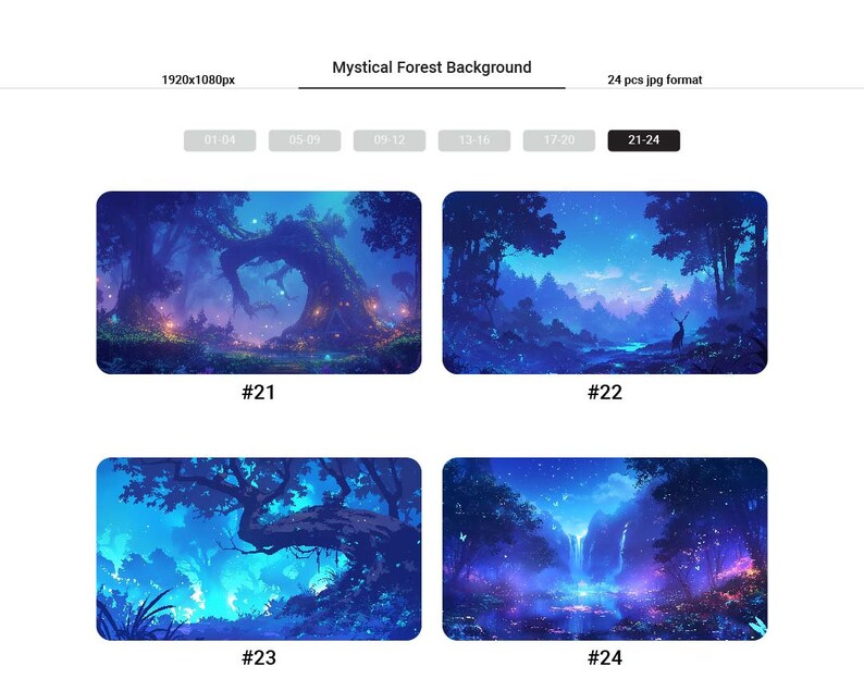 May include: Four digital illustrations of a mystical forest at night. The images feature a large tree, a deer, a waterfall, and a river. The images are all in shades of blue and purple.