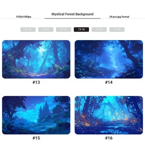 May include: A collection of four digital images depicting a mystical forest at night. The images feature a blue and purple color scheme with glowing lights and a moon in the sky. The images are numbered 13 through 16.