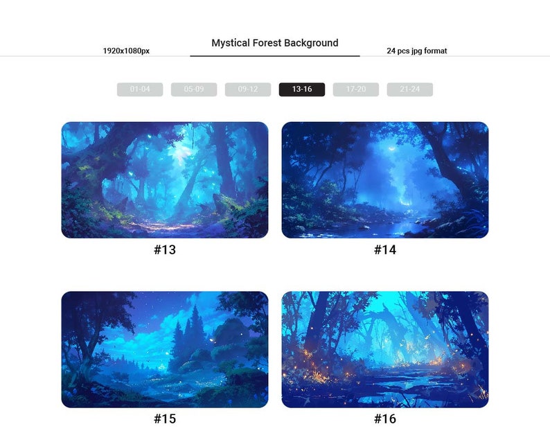 May include: A collection of four digital images depicting a mystical forest at night. The images feature a blue and purple color scheme with glowing lights and a moon in the sky. The images are numbered 13 through 16.