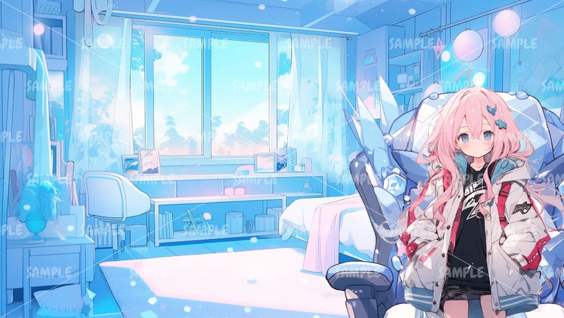 Peut inclure: Une jeune femme aux cheveux roses est assise dans un fauteuil de jeu bleu et blanc dans une chambre &agrave; coucher bleu et blanc clair. La pi&egrave;ce a une grande fen&ecirc;tre avec vue sur une for&ecirc;t et un lit avec une literie rose et blanche. La femme porte une veste blanche avec des accents rouges et noirs et un t-shirt noir avec un motif blanc. Elle regarde la cam&eacute;ra.