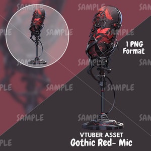 Puede incluir: Un micrófono de estilo gótico negro y rojo con un soporte. El micrófono tiene un diseño detallado con acentos rojos y una base negra.