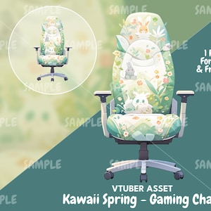 以下が含まれることがあります： 花柄と可愛いウサギのイラストが描かれた緑と白のゲーミングチェア。背もたれが高く、アームレストは調節可能です。画像の下には「Kawaii Spring - Gaming Chair」という文字が印刷されています。
