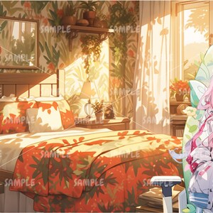 以下が含まれることがあります： 花柄の布団がかけられたベッドと、白いカーテンの大きな窓がある寝室。ピンク髪のアニメキャラクターが、緑色のゲーミングチェアに座り、白いジャケットと黒いシャツを着ている。