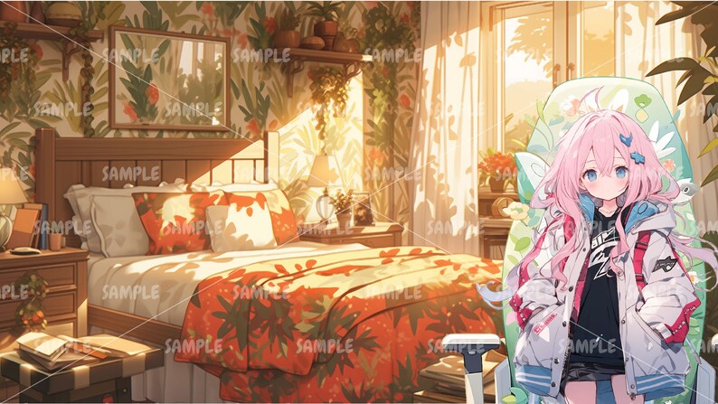 以下が含まれることがあります： 花柄の布団がかけられたベッドと、白いカーテンの大きな窓がある寝室。ピンク髪のアニメキャラクターが、緑色のゲーミングチェアに座り、白いジャケットと黒いシャツを着ている。