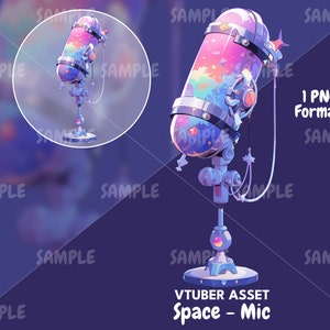 May include: A space-themed microphone with a glass capsule filled with colourful nebula-like designs. The microphone is on a silver stand with a round base.