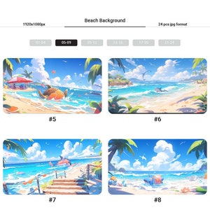 以下が含まれることがあります： 青い水、白い砂浜、ヤシの木、そして白い雲のある明るい青い空のビーチシーンのデジタルイラスト4つ。イラストには、カメ、イルカ、サメが描かれています。