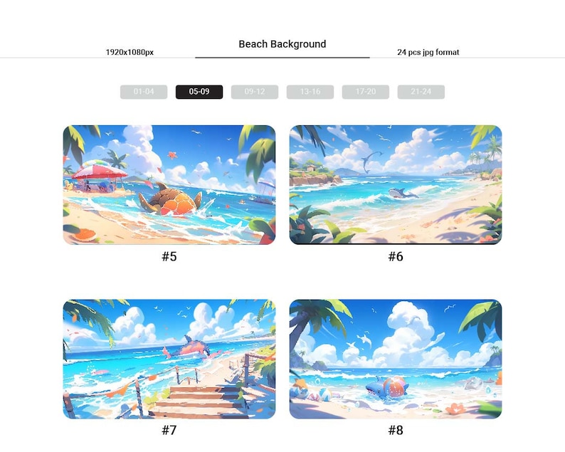 以下が含まれることがあります： 青い水、白い砂浜、ヤシの木、そして白い雲のある明るい青い空のビーチシーンのデジタルイラスト4つ。イラストには、カメ、イルカ、サメが描かれています。