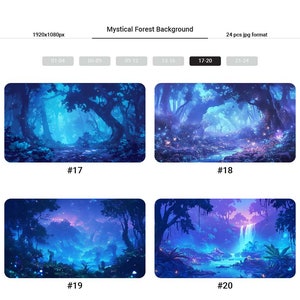 May include: Four digital illustrations of a mystical forest at night. The images feature a blue and purple color scheme with glowing lights and a waterfall in one image.