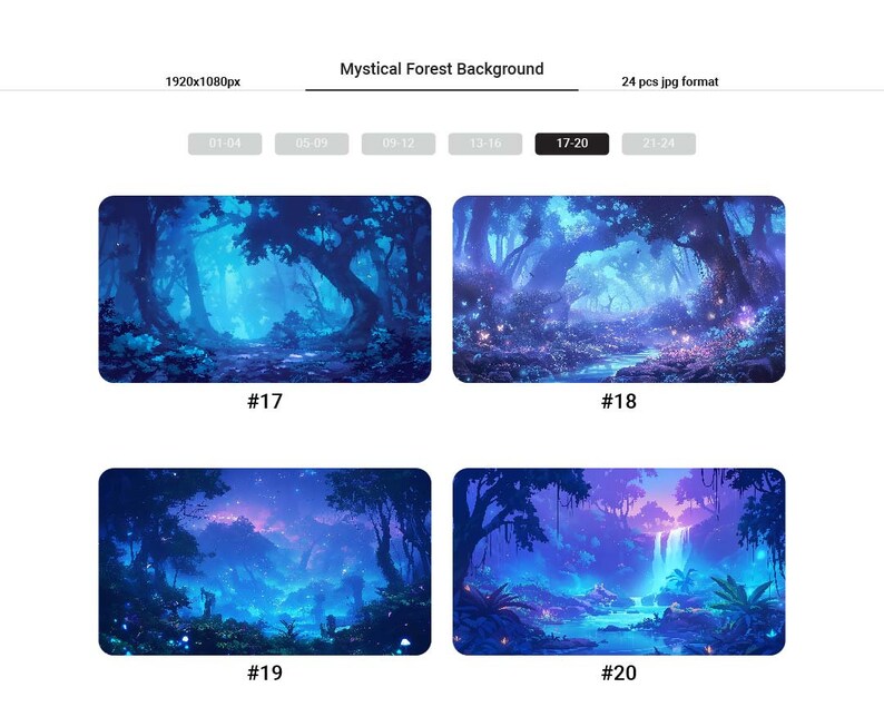 May include: Four digital illustrations of a mystical forest at night. The images feature a blue and purple color scheme with glowing lights and a waterfall in one image.