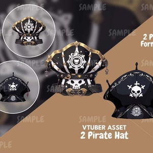 May include: Two black pirate hats with white skull and crossbones designs. One hat has a gold trim and a white skull with a crown. The other hat has a black skull with a crossbones design. The text "2 PNG Format" and "VTUBER ASSET 2 Pirate Hat" is visible in the image.