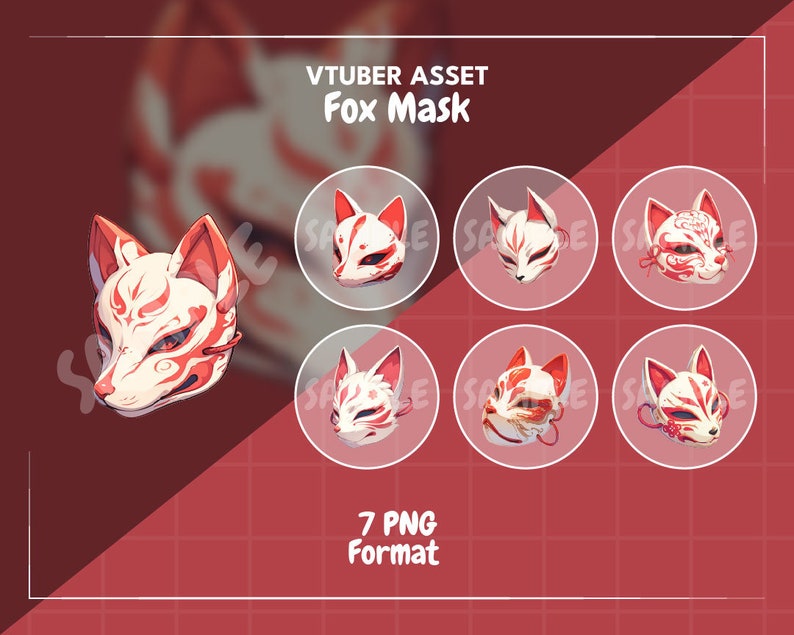Op de afbeelding: Een verzameling van zeven witte en rode vossenmaskers, elk met unieke ontwerpen, weergegeven op een rode achtergrond. De tekst "VTUBER ASSET Fox Mask" en "7 PNG Format" zijn ook zichtbaar.