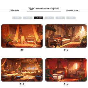 Puede incluir: Cuatro ilustraciones digitales de un dormitorio de tem&aacute;tica egipcia con diferentes iluminaciones y arreglos de muebles. El dormitorio cuenta con una cama grande con dosel, una alfombra y varios elementos decorativos.