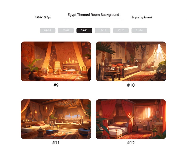 Puede incluir: Cuatro ilustraciones digitales de un dormitorio de tem&aacute;tica egipcia con diferentes iluminaciones y arreglos de muebles. El dormitorio cuenta con una cama grande con dosel, una alfombra y varios elementos decorativos.