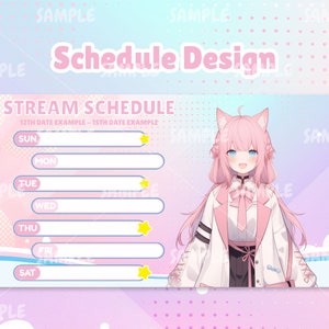 May include: A pink and blue streamer schedule template with a cartoon illustration of a girl with pink hair and cat ears. The schedule is for the 12th to 15th of the month and includes days of the week: Sunday, Monday, Tuesday, Wednesday, Thursday, Friday, and Saturday.