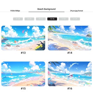 以下が含まれることがあります： 青い水、白い砂浜、ヤシの木のあるビーチのシーンを描いたデジタルイラストが4つあります。空は白雲のある青い空です。イラストは13、14、15、16と番号が付けられています。