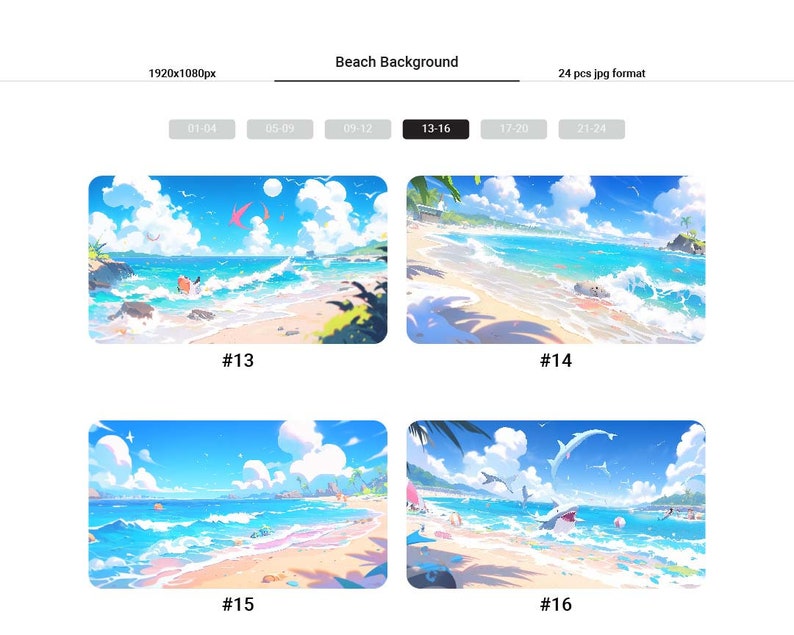 以下が含まれることがあります： 青い水、白い砂浜、ヤシの木のあるビーチのシーンを描いたデジタルイラストが4つあります。空は白雲のある青い空です。イラストは13、14、15、16と番号が付けられています。