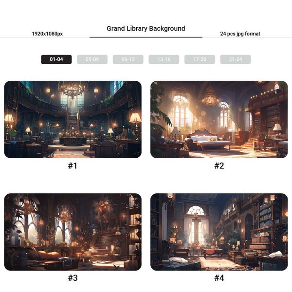 24 Grand Library Themed Background Asset, BGM Background, Music Background, Vtuber Background, Room Background, Vtuber Asset