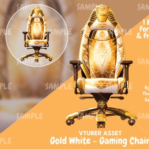 Pode incluir: Uma cadeira de jogo dourada e branca com um design tem&aacute;tico eg&iacute;pcio. A cadeira tem um encosto alto, bra&ccedil;os ajust&aacute;veis e um assento confort&aacute;vel. A cadeira est&aacute; sobre uma base preta com cinco rodas.